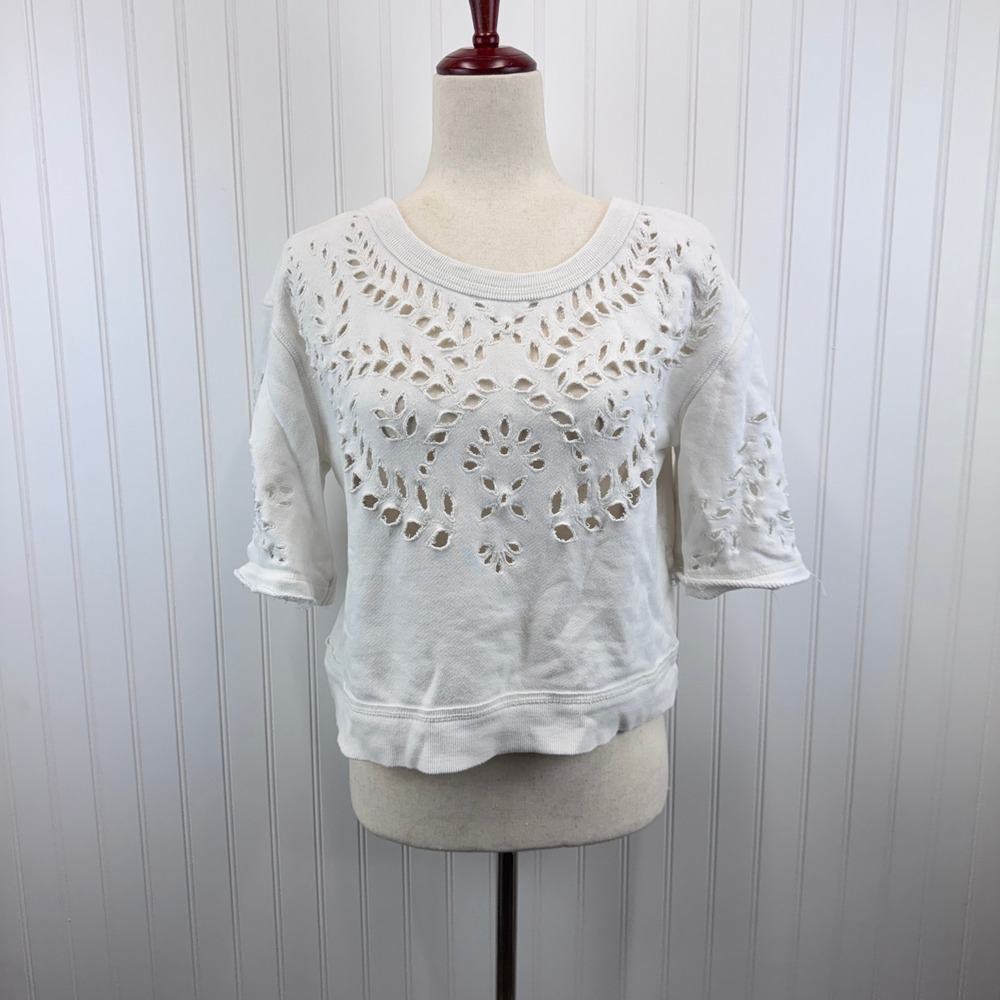 Free People Crumpette Eyelet Sweatshirt‎ Womens M White Short Sleeve Scoop Back